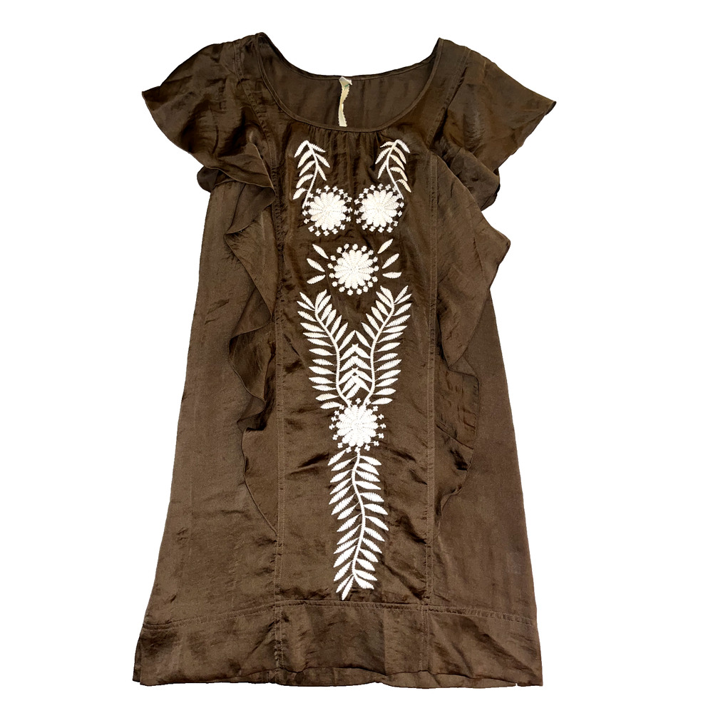 Uncle Frank Sz Small Brown Satin Mini Dress White Embroidered Flowers Ruffles